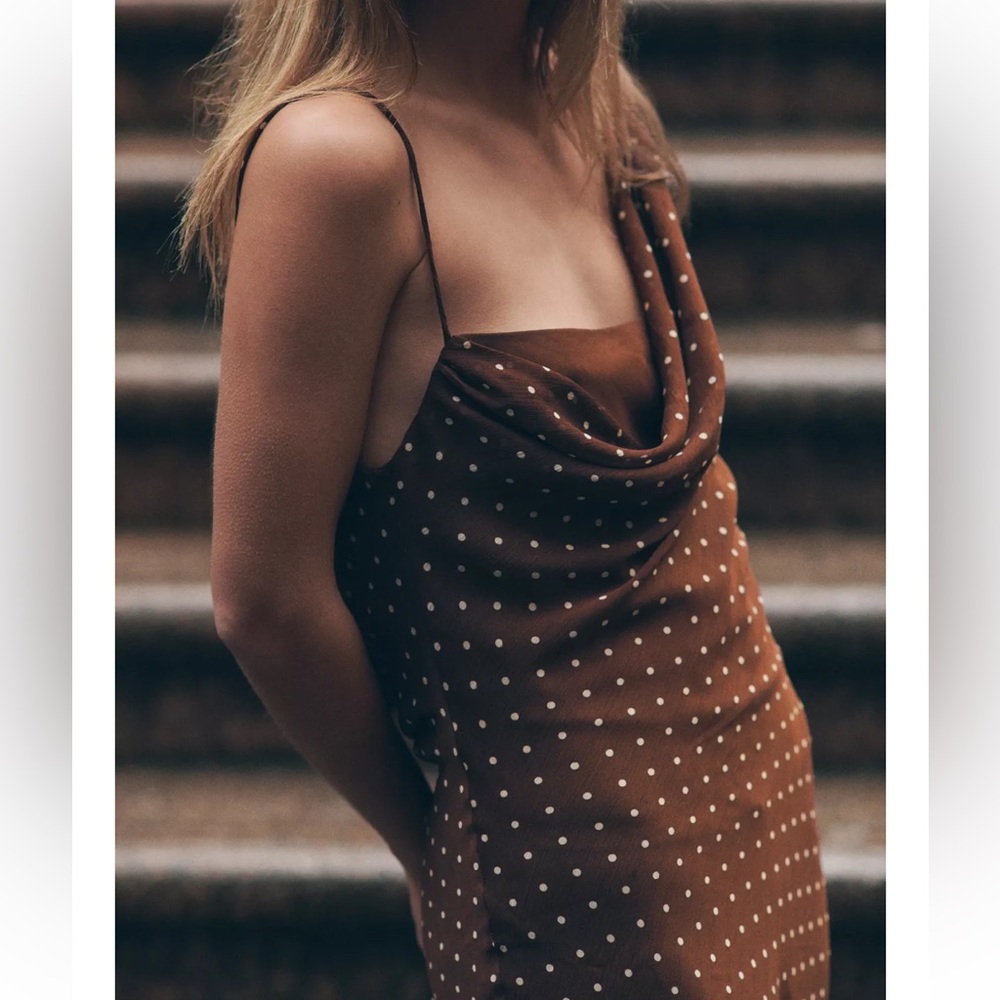 Zara NWT brown polka dot asymmetrical cowl draped detail midi maxi dress - Picture 2 of 9